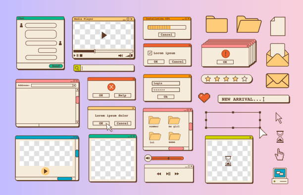 ilustrações, clipart, desenhos animados e ícones de grande conjunto de navegador de desktop de vapor retrô e modelos de janela de diálogo. 80s 90 antigos elementos de interface do usuário de computador e ícones estéticos vintage. sistema operacional retro nostálgico. ilustração vetorial. - computer old retro revival old fashioned