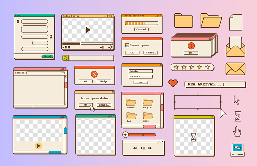 Big set of retro vaporwave desktop browser and dialog window templates. 80s 90s old computer user interface elements and vintage aesthetic icons. Nostalgic retro operating system. Vector illustration.
