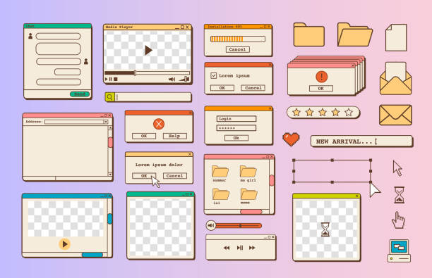 Big set of retro vaporwave desktop browser and dialog window templates. 80s 90s old computer user interface elements and vintage aesthetic icons. Nostalgic retro operating system. Vector illustration. Big set of retro vaporwave desktop browser and dialog window templates. 80s 90s old computer user interface elements and vintage aesthetic icons. Nostalgic retro operating system. Vector illustration. nostalgia illustrations stock illustrations