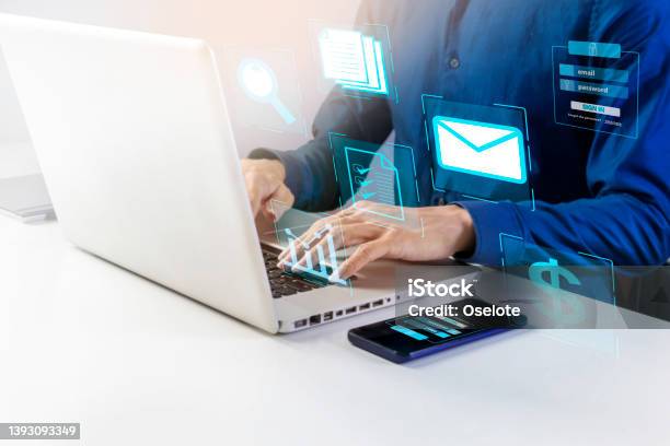 Businessman Searching And Verifying The Correctness Of Document Informationmanagement Of Financial System Management And Customer Information Via Email Stock Photo - Download Image Now