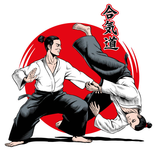 Aikido fighters. Martial arts. Inscription on illustration is a hieroglyphs of aikido (Japanese). Vector illustration Aikido fighters. Martial arts. Inscription on illustration is a hieroglyphs of aikido (Japanese). Comic book style vector illustration. blackbelt stock illustrations