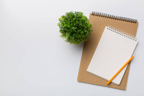 istock Modern office desk table with notebook and other supplies with green tree. Blank notebook page for you design. Top view, flat lay 1393098829