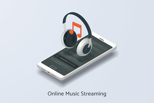 Online music streaming service via smartphone with wireless headphones, banner, landing page. 3d isometric vector illustration