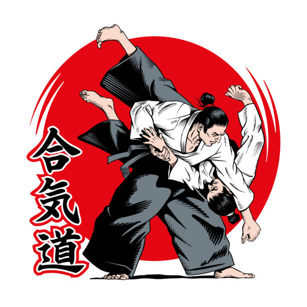 aikido-kämpfer. kampfsport. die inschrift auf der illustration ist eine hieroglyphen des aikido, japanisch. vektorillustration. - kung fu stock-grafiken, -clipart, -cartoons und -symbole