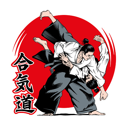 Aikido fighters isolated. Martial arts. Inscription on illustration is a hieroglyphs of aikido, japanese. Comic book style vector illustration.
