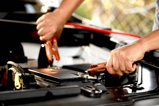 Check the car battery pot before traveling. stock photo