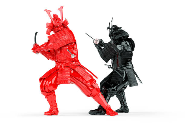 Duel of red and black samurai warriors. Isolated on white background. 3D Rendering Duel of red and black samurai warriors. Isolated on white background. 3D Rendering body armor stock pictures, royalty-free photos & images