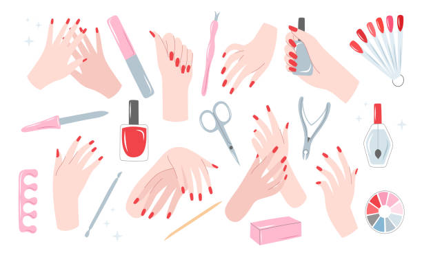 illustrazioni stock, clip art, cartoni animati e icone di tendenza di set vettoriale manicure con mani e strumenti - manicure