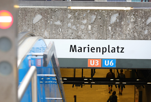Munich, Munich, Germany - August 26, 2021: Subway entrance of lines U3 and U6 in the main square called Marienplatz and the text