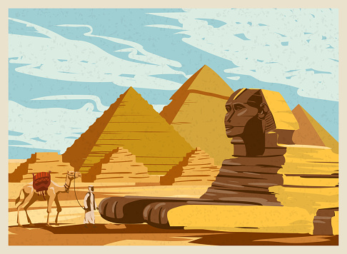 landscape Ancient Sphinx, Egypt Pharaoh Pyramids. Travel to Egypt Country, Sahara desert. Retro card illustration vector isolated