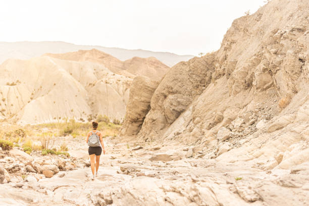 istock Unrecognizable traveler walking on sandy ground near mountain 1393104254