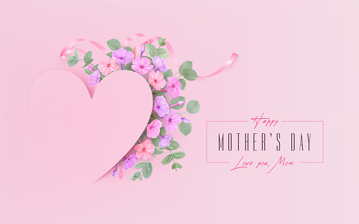 Mothers day greeting card with Phlox flowers, eucalyptus leaves and ribbon under heart shape tag. Vector illustration