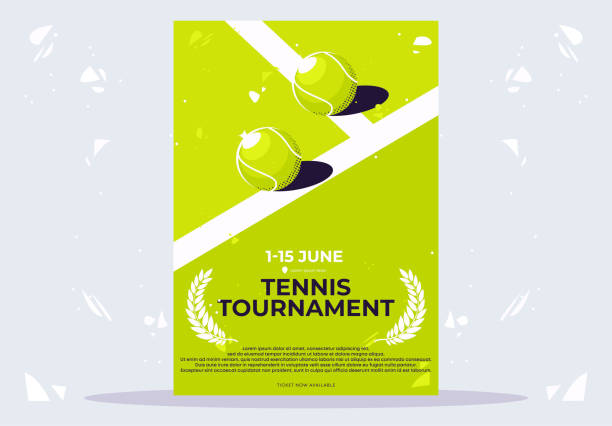 ilustraciones, imágenes clip art, dibujos animados e iconos de stock de ilustración vectorial de una plantilla de póster minimalista para un torneo de tenis, con bolas de color verde claro acostadas en una cancha de tenis - torneo de tenis