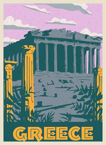 Greece Athens Poster Travel, columns ruins temple antique, old Mediterranean European culture and architecture. Vintage style vector illustration