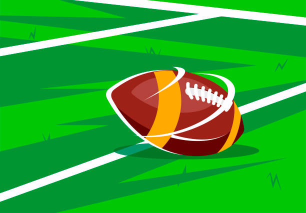 vector illustration of an american football ball lying on the green lawn of a football field - american football 幅插畫檔、美工圖案、卡通及圖標