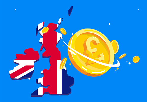 Vector illustration of a map of the United Kingdom with a flag and a gold pound sterling coin, the national monetary currency of the United Kingdom