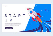 istock Vector illustration of the startup concept, the start page of the website is a business startup, a rocket is flying into space 1393105436