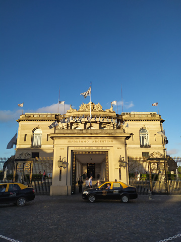 Argentine Hippodrome Front, Carlos Pellegrini Tribune, Buenos Aires Argentina, Argentine flags, Parisian architecture