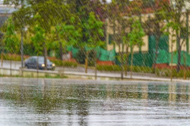 istock Heavy rain falling and large raindrops crashing to the ground 1393105634