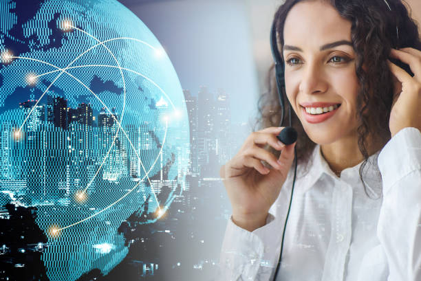 istock Young friendly operator woman agent with headsets. 1393107003