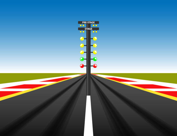 illustrazioni stock, clip art, cartoni animati e icone di tendenza di la partenza da corsa illumina l'evento automobilistico in una pista - super speedway