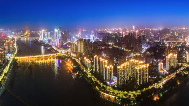 fotografia aerea fuzhou città architettura paesaggio skyline vista notturna - fuzhou foto e immagini stock