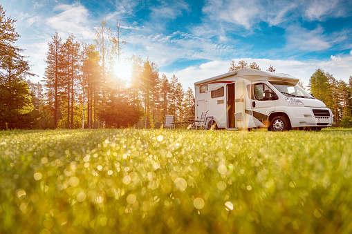 Family vacation travel RV, holiday trip in motorhome, Caravan car Vacation.