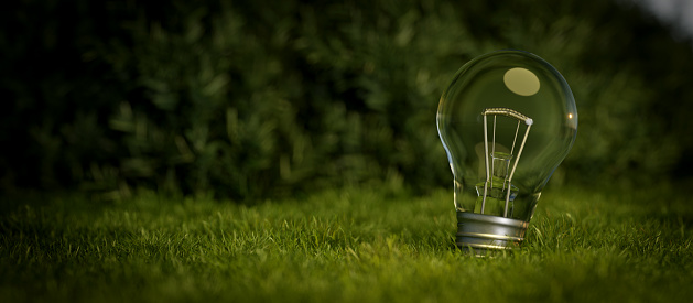Light bulb on the green grass. banner. Nature and energy saving concept banner background 3D Render