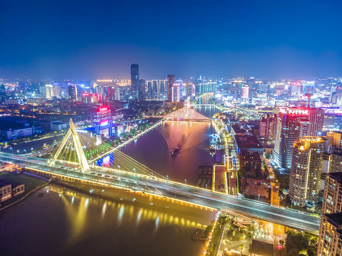 Aerial photography of Ningbo city night panorama