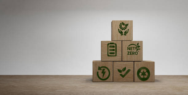 istock Environmental conservation and sustainable modernization of ESG using renewable resource technologies to reduce pollution. icon on wooden blocks 3D render 1393112911