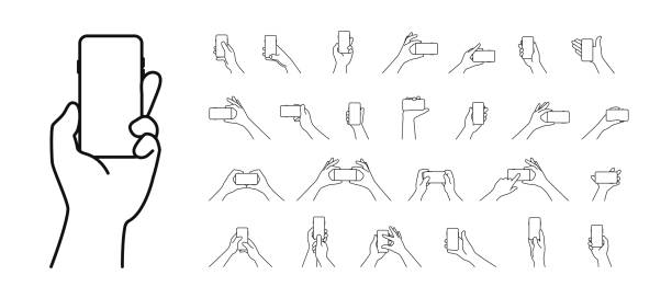 빈 화면 일러스트 레이 션 벡터 아이콘으로 휴대 전화를 수평 및 수직으로 잡고 선 편집 가능한 스트로크를 설정합니다. 윤곽선 스타일 다른 제스처 손이 스마트 폰 디스플레이에 닿고 있습니다 - iphone gestures stock illustrations
