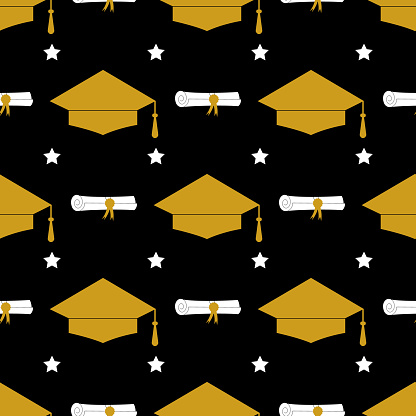 Graduation hat seamless pattern. Grad ceremony backdrop. Vector template for fabric, textile, wallpaper, wrapping paper, etc