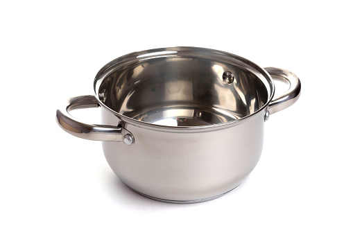 empty metal polished saucepan without a lid on a white isolated background.