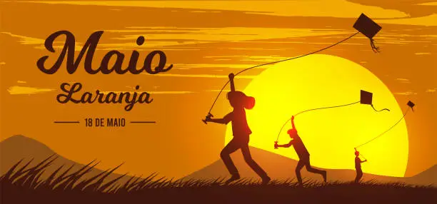 Vector illustration of Maio Laranja May 18 is Brazil's National Day against violence of Children in Brazil, Children enjoy flying kite silhouette at sunset