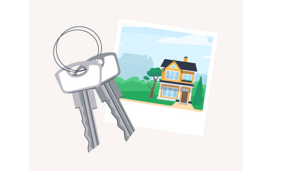 ilustrações de stock, clip art, desenhos animados e ícones de a bunch of keys and a photo of a cozy home. commemorative photo. flat vector illustration. - key ring fotos