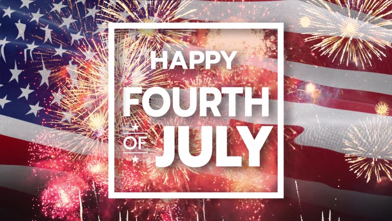 Fireworks on waving USA flag for 4th of July Celebration, Independence Day Holiday Background