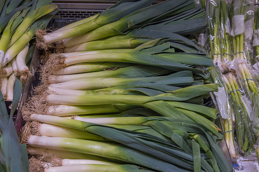 Close up of an isolated leek on shelf in store. Healthy food concept. Sweden.