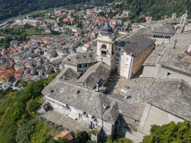 Drone view at the sacred mount of Varallo in Italy stock photo
