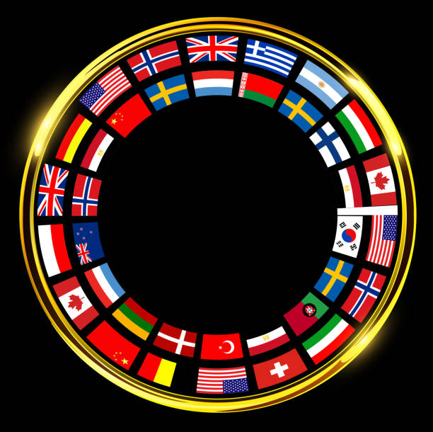 istock Gold button with international flags around, golden shiny ring on black background 1393128661