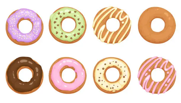 Vector illustration of Donuts glazed with colorful sugar and chocolate icing and topped with sprinkles lying isolated on white background. Tasty fried dough confectionery or dessert. Vector illustration.