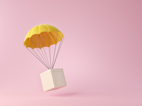 yellow parachute delivering a package. 3d illustration