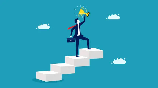 Vector illustration of Trophy for business success. Business winners walk up the stairs to the sky. vector