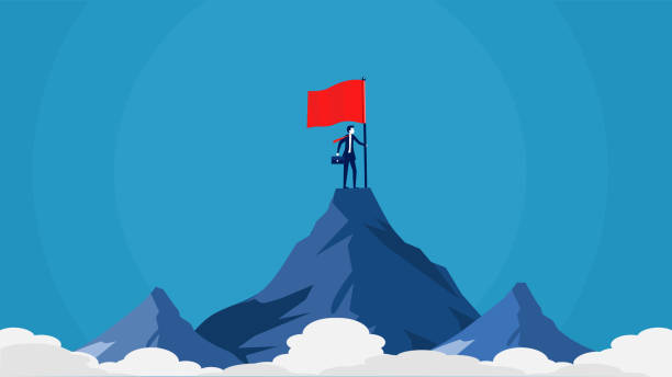 Businessman with flag on top of mountain. Success business idea. leadership. vector vector art illustration