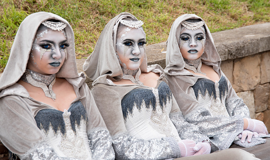 April 24, 2022, Alcoy, Alicante, Spain. Dancers participating in the pageantry of the parade of the Christian Alferez of the \