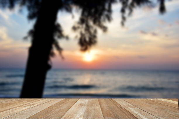 istock Empty top wooden table on sky sunset twilight times for background 1393135945