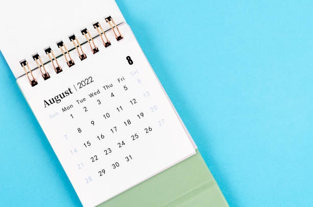istock August calendar 2022 on blue background. 1393138244