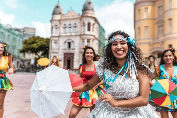 Frevo dancers at the street carnival in Recife, Pernambuco, Brazil.