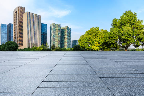 Empty floor and city skyline with modern buildings in Hangzhou stock photo