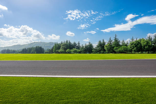 istock Asphalt road and forest with mountain landscape 1393142779