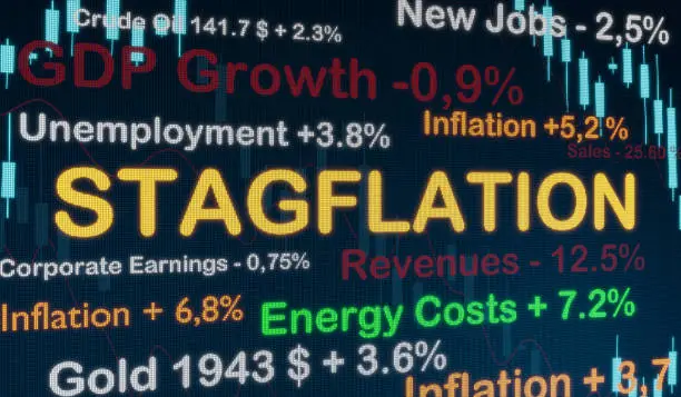 The word stagflation illumintaed on a trading screen. Surround by charts, graphs, economic datas like unemployment rate, energy costs, revenues, sales or corporate ernings and percanteges signs. Economy, stagflation and recession concept. 3D illustration